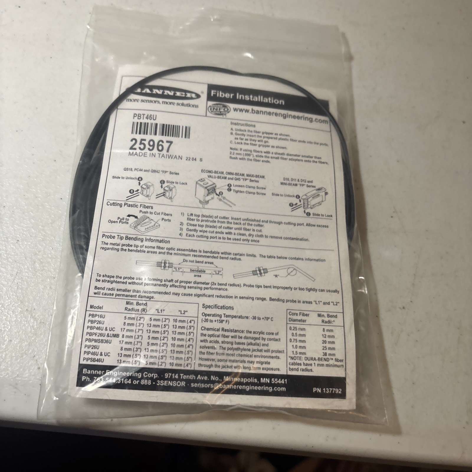 BANNER PBT46U 25967 Fiber Optic Cable