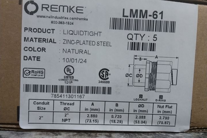 Remke LMM-61 5 Pk 2 In Trade Size Liquid-Tight Conduit Fitting