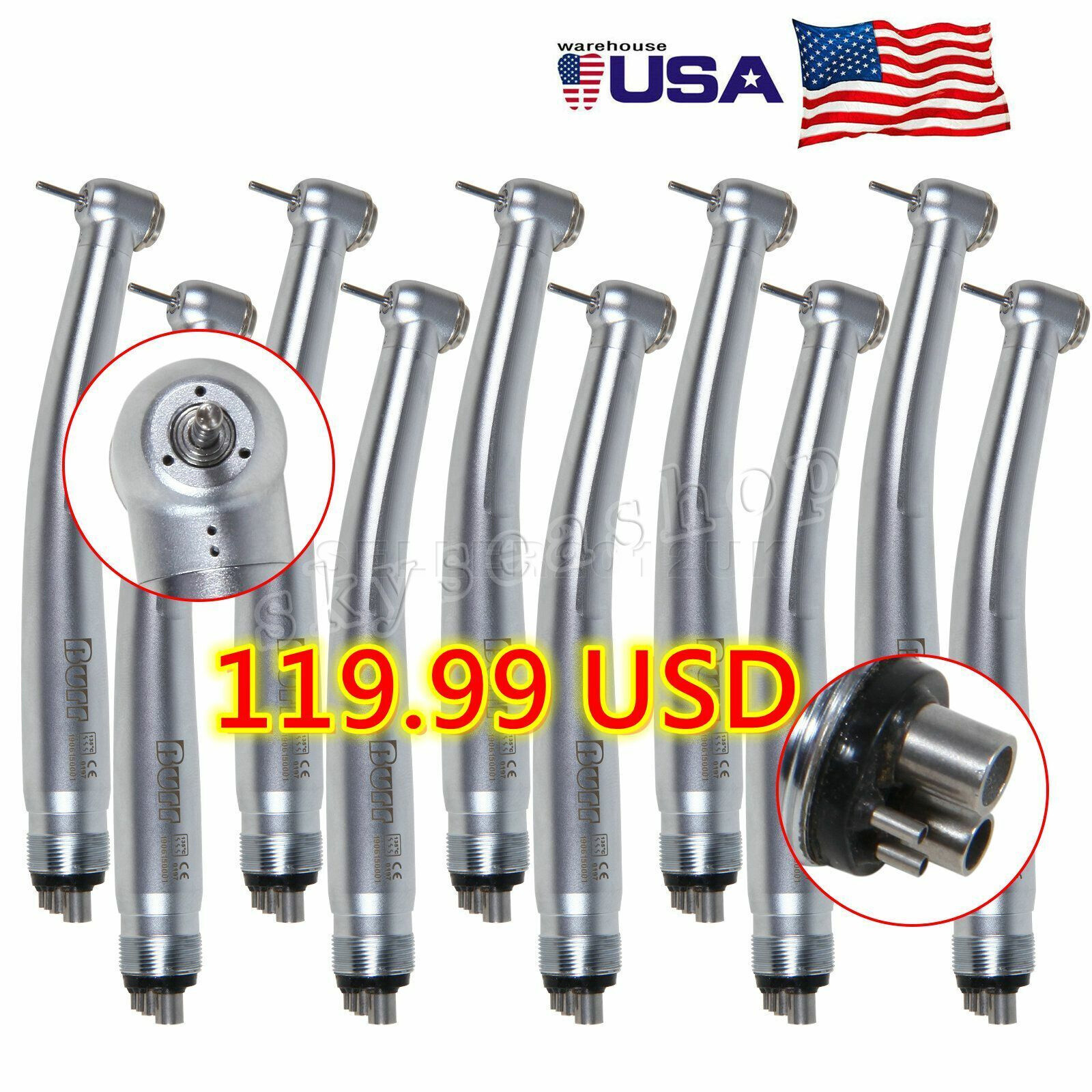10 Pcs BURR NSK PANA MAX Style Dental High Speed Turbine Handpiece 4Hole U3BM