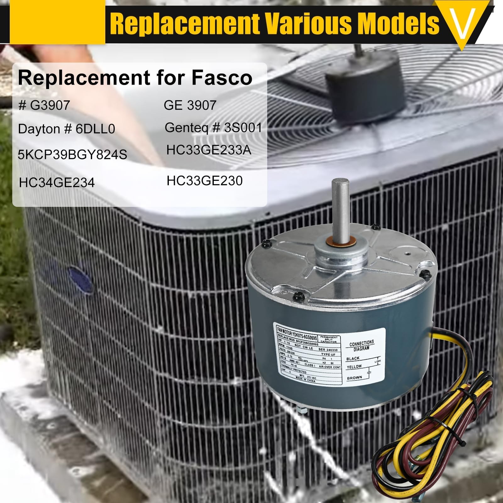 Condenser Fan Motor Replacement 1/10HP 0.75A 1100RPM 208-230V + Capacitor