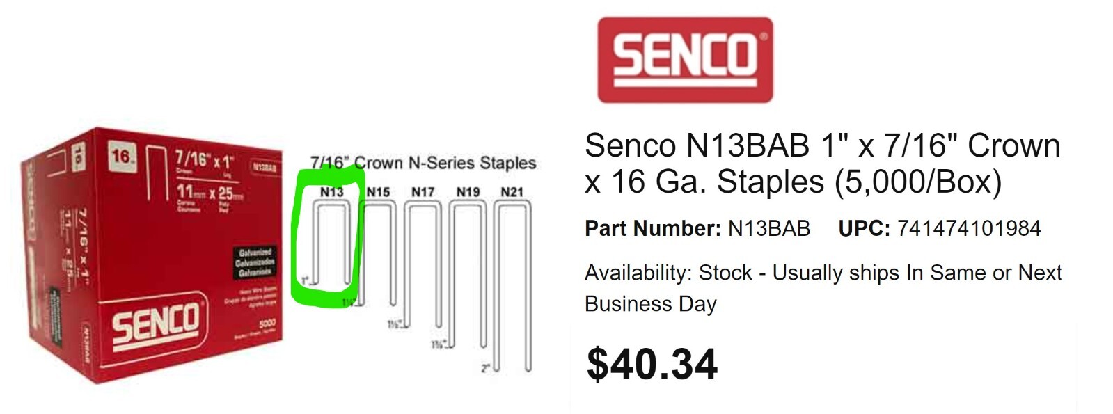 Senco N13BAB 16 Gauge by 7/16-inch Crown by 1-inch Length [A5S4]