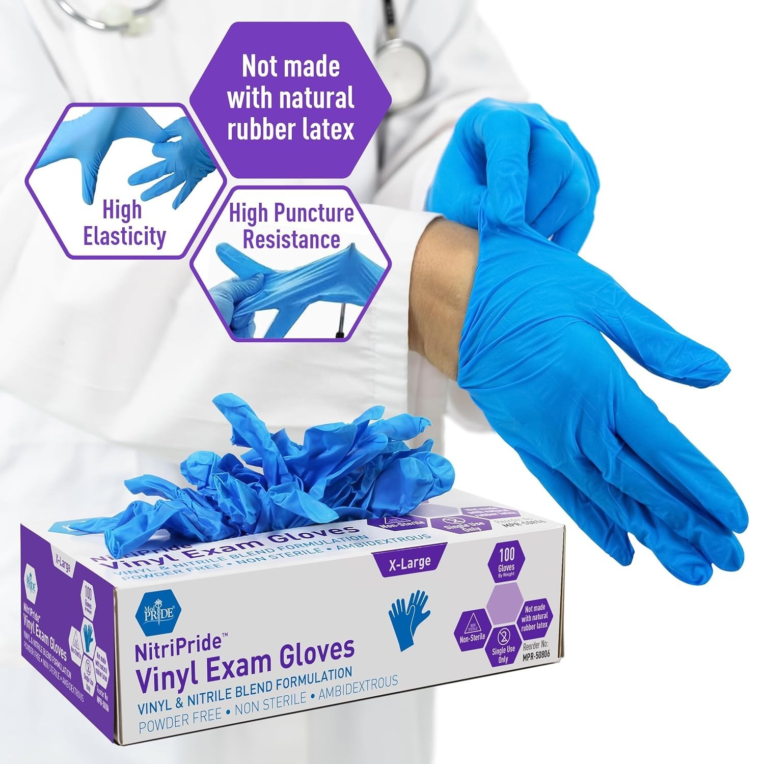 Med Pride Nitrile/Vinyl Blend Exam Gloves, Powder-Free Latex-Free XL (100 Box)