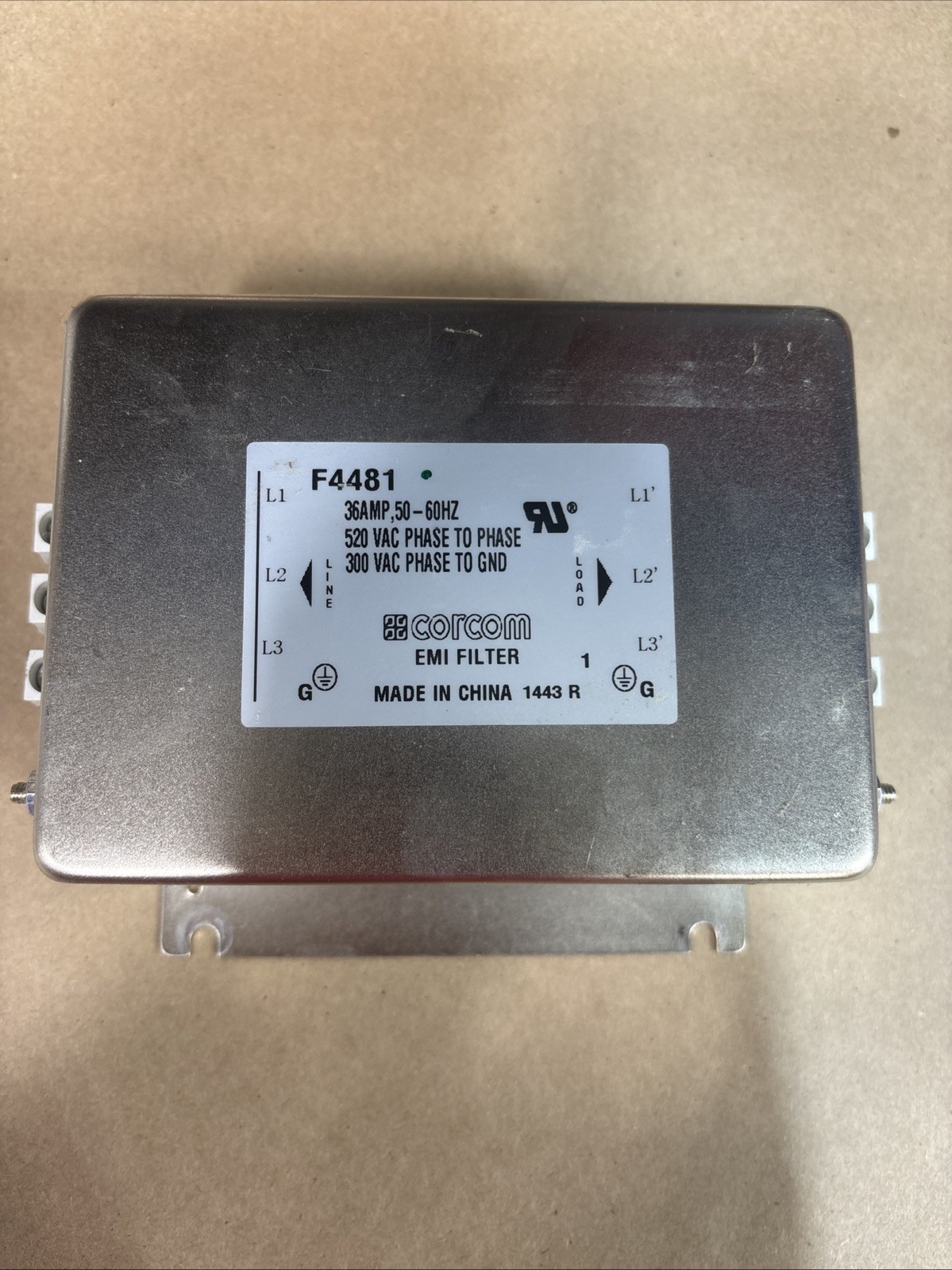 Corcom F4481 EMI Filter 36A 50/60Hz 520V Phase to Phase 300V Phase to Ground