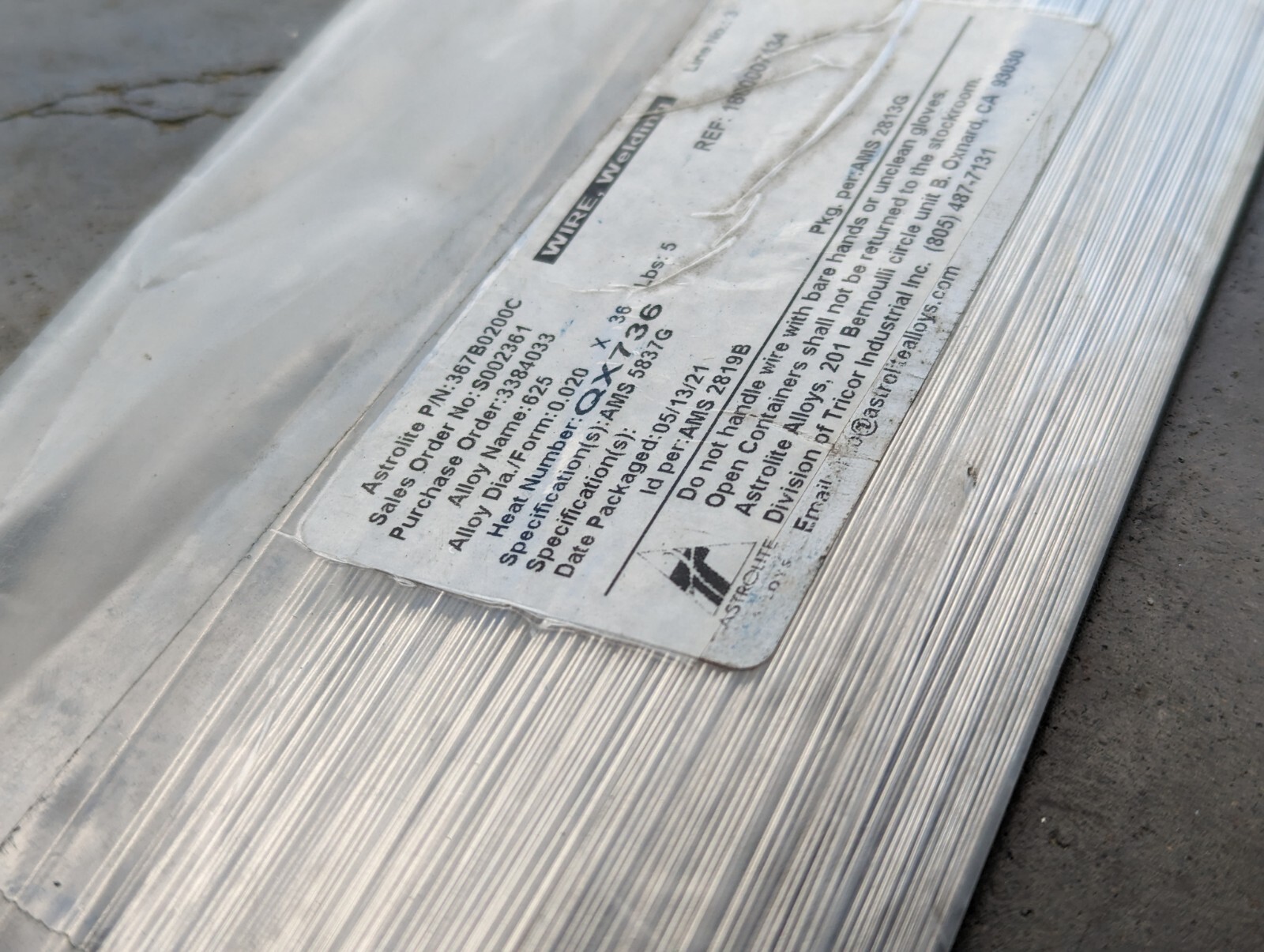 ASTROLITE Inconel 625 Tig Rod AMS5837G 0.020″ x 36 5lbs
