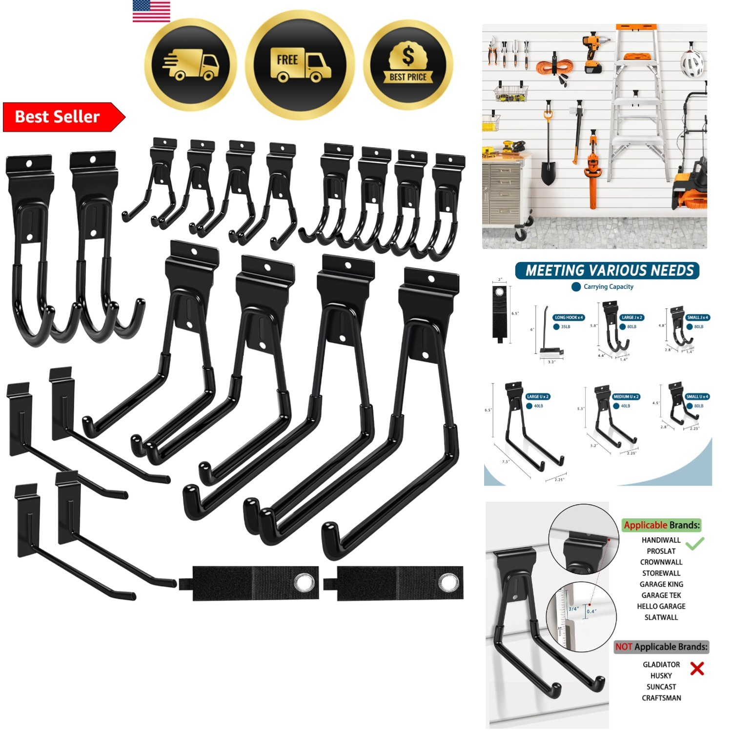 Slatwall Hooks Black 20 Pack Garage Wall Organizer Heavy Duty Durable Accesso…