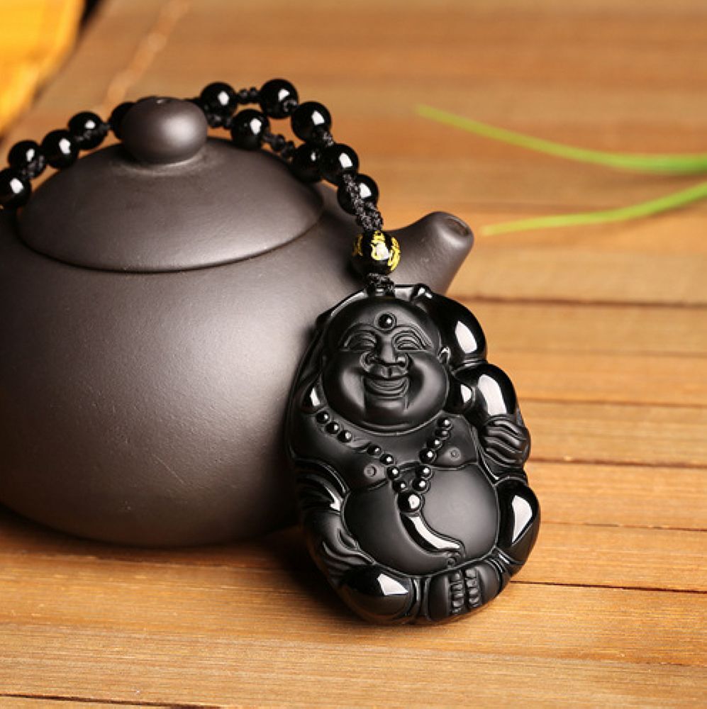 Natural crystal black obsidian laugh buddha necklace pendant Crystal Healing