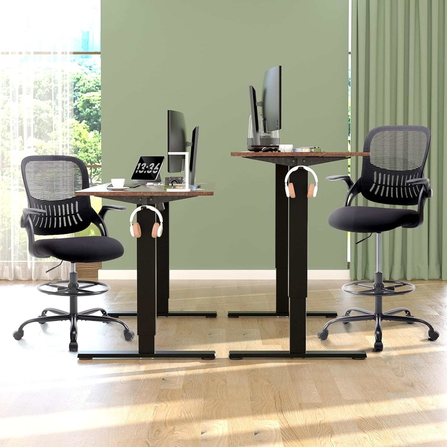 Drafting Chair for Standing Desk, , Flip-up Arms, Ergonomic Mid Back Mesh Rol…