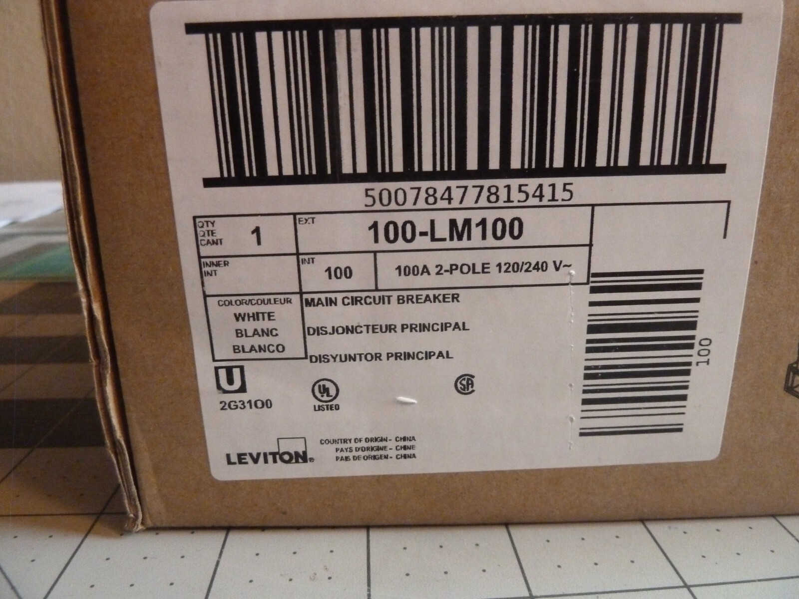 Leviton LM100 Main Circuit Breaker 2-Pole – 120/240 VAC -White -NEW – SEALED BOX