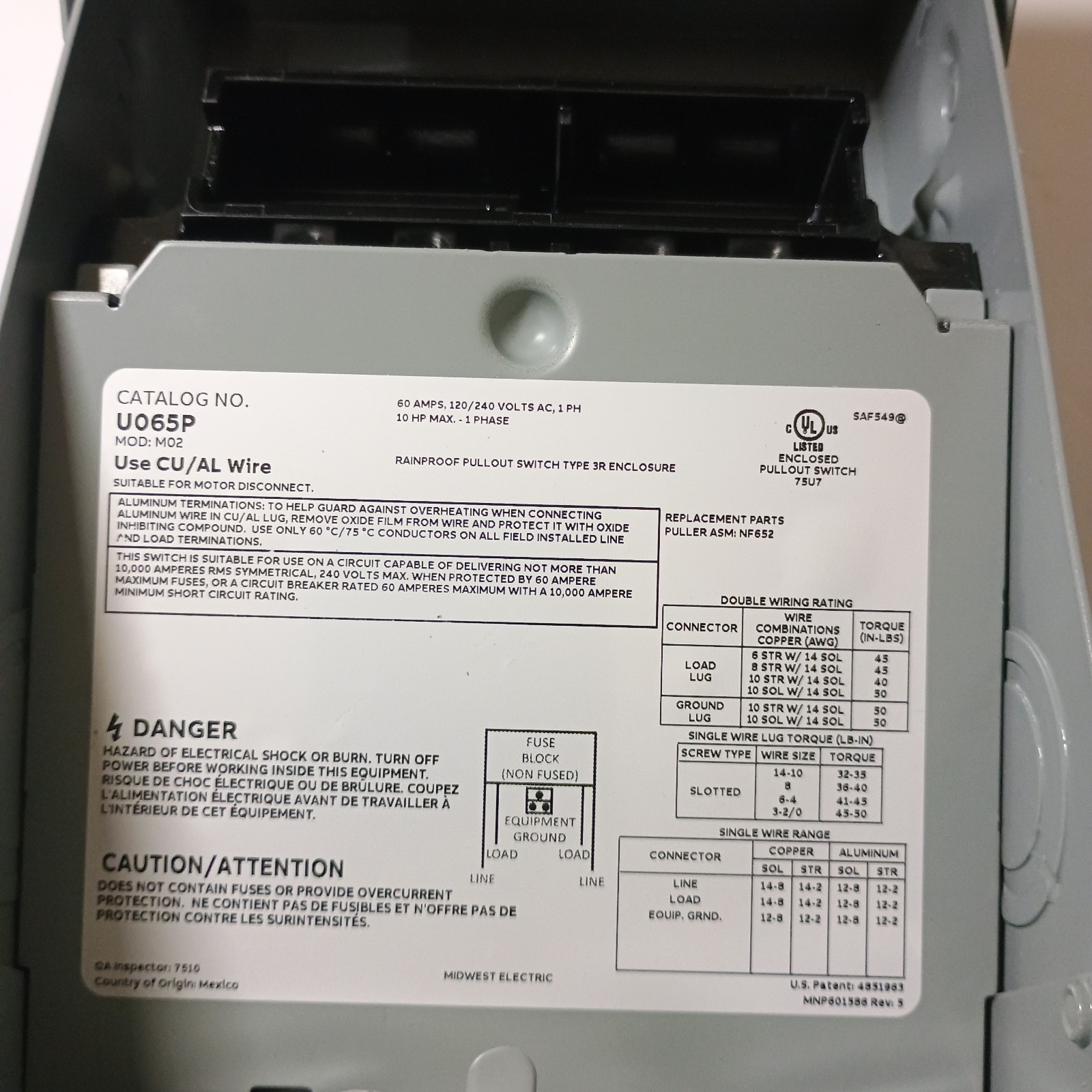 Midwest U065PP 60A 240V 1 Phase NEMA 3R Non-Fuse AC Disconnect (Incomplete Box)