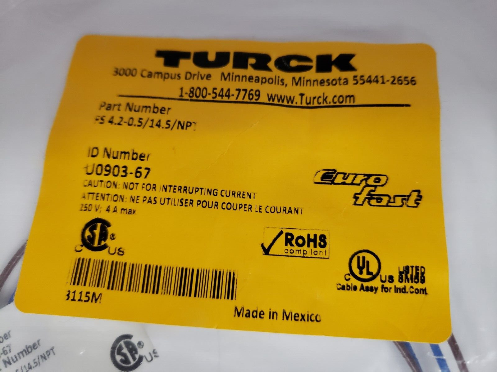 TURCK FS 4.2-0.5/14.5/NPT EUROFAST RECEPTACLE (U0903-67) NIB