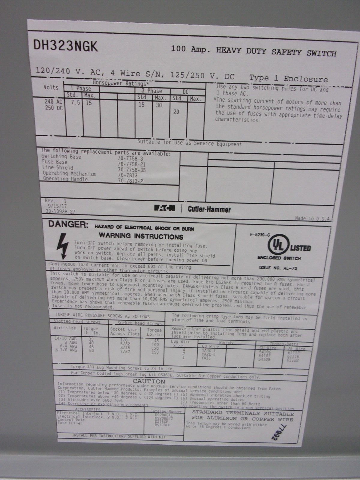 DH323NGK-EATON-HEAVY DUTY SAFETY SWITCH-100A,4 WIRE,FUSIBLE,3P,240V,NEMA1 INDOOR