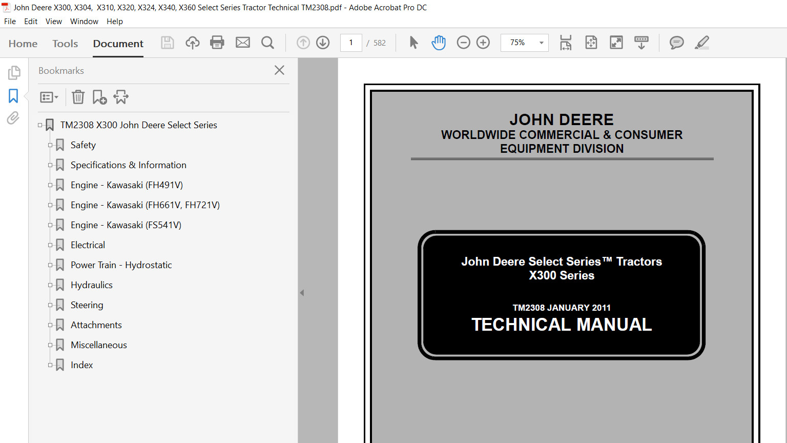 John Deere X300 X304 X310 X320 X324 X340 X360 Technical & Operator’s Manual USB