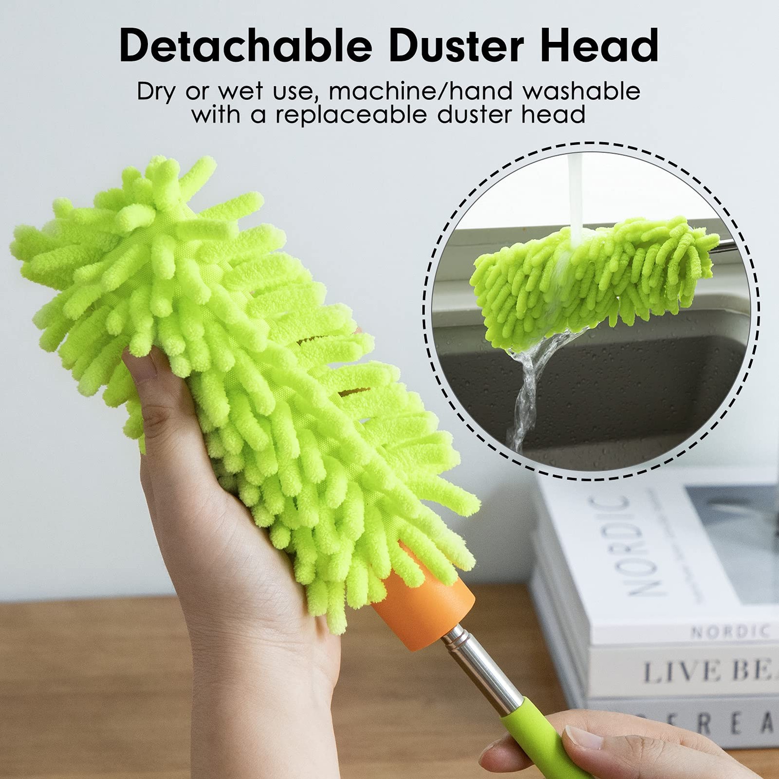 Duster for Cleaning, 10-29″ Extension Pole, 2 Washable 2 Attachments, Green
