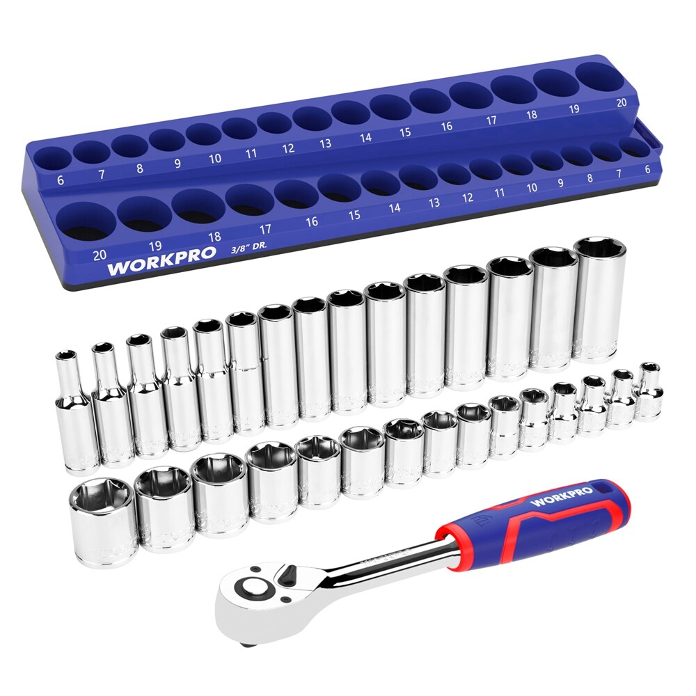 WORKPRO 32PC Mechanics Tool Kit 3/8″ Drive 30 Metric Deep Shallow Sockets 6-20mm