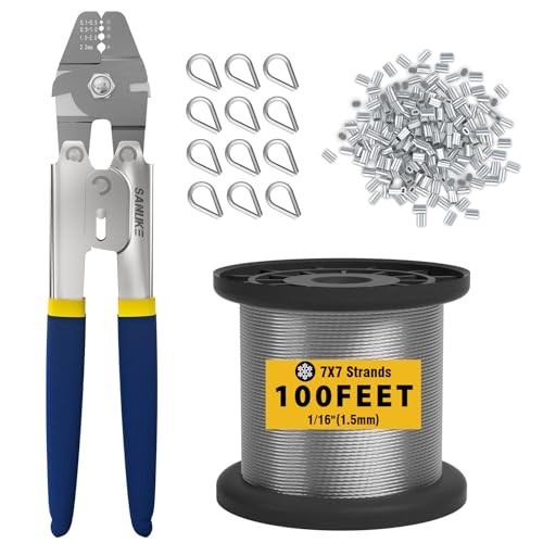 Wire Rope Crimping Tool Kit, 100ft 1/16″ Stainless Steel Wire Rope Cable with…