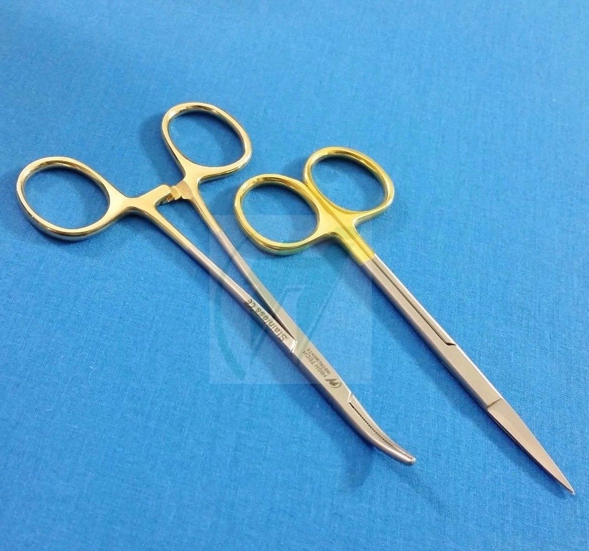 GOLD HANDLE MOSQUITO HEMOSTAT CURVED 5″ + IRIS DISSECTING SCISSORS 4.5″ STRAIGHT