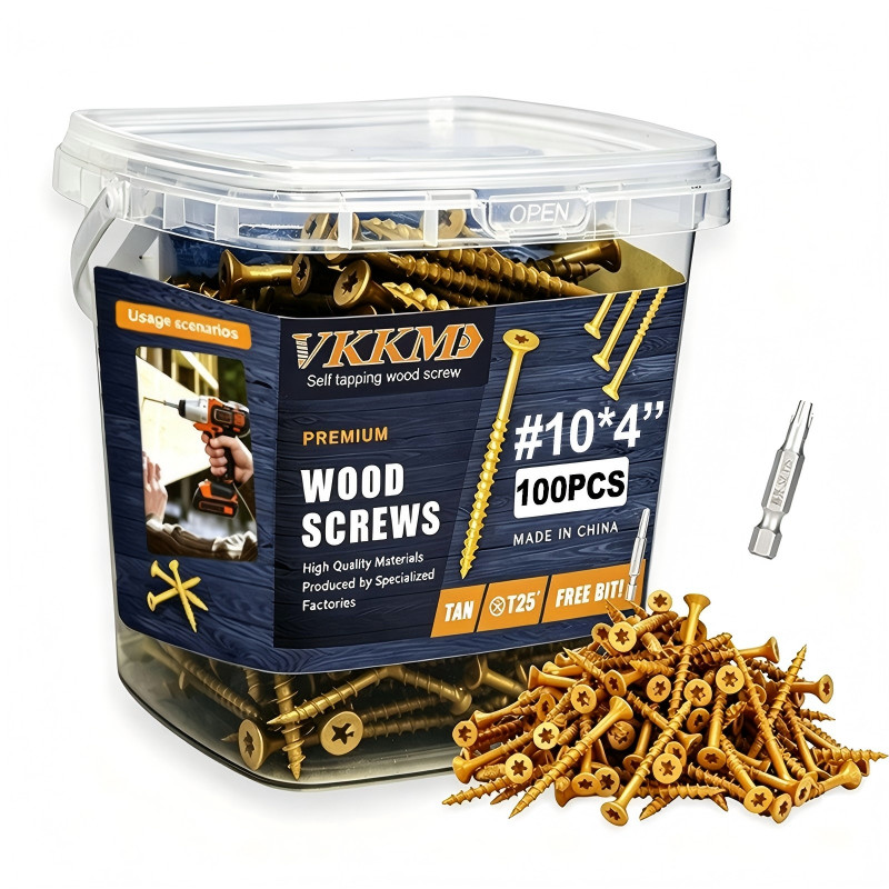VKKM 100Pcs #10×4 Tan Long Wood Screws T25 Self Tapping Rust Resistant for Heavy