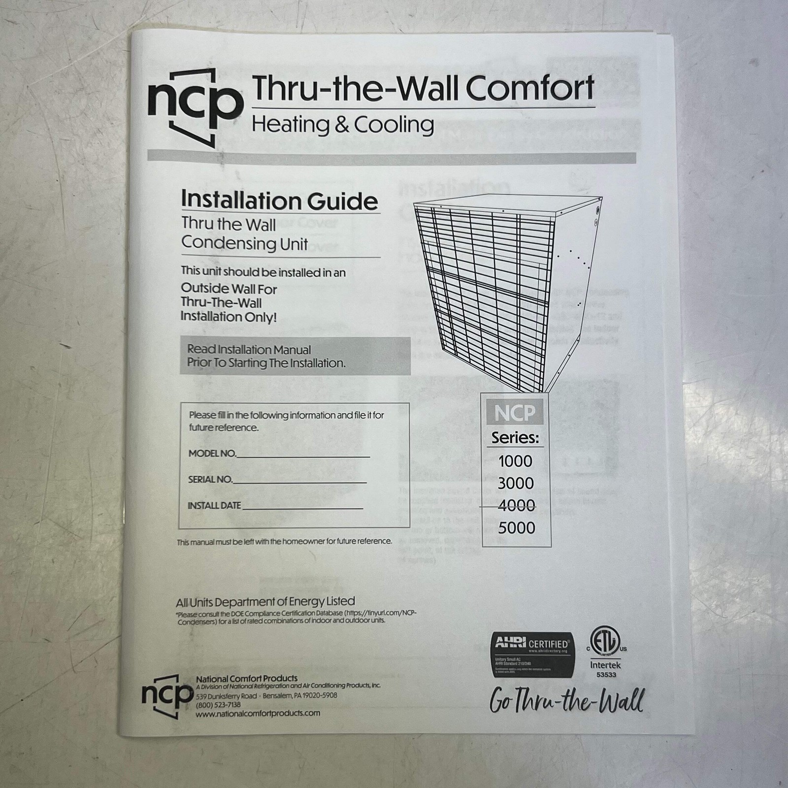 NCP Thru the Wall Condensing Unit 1000 Series NCP5241000A-A1