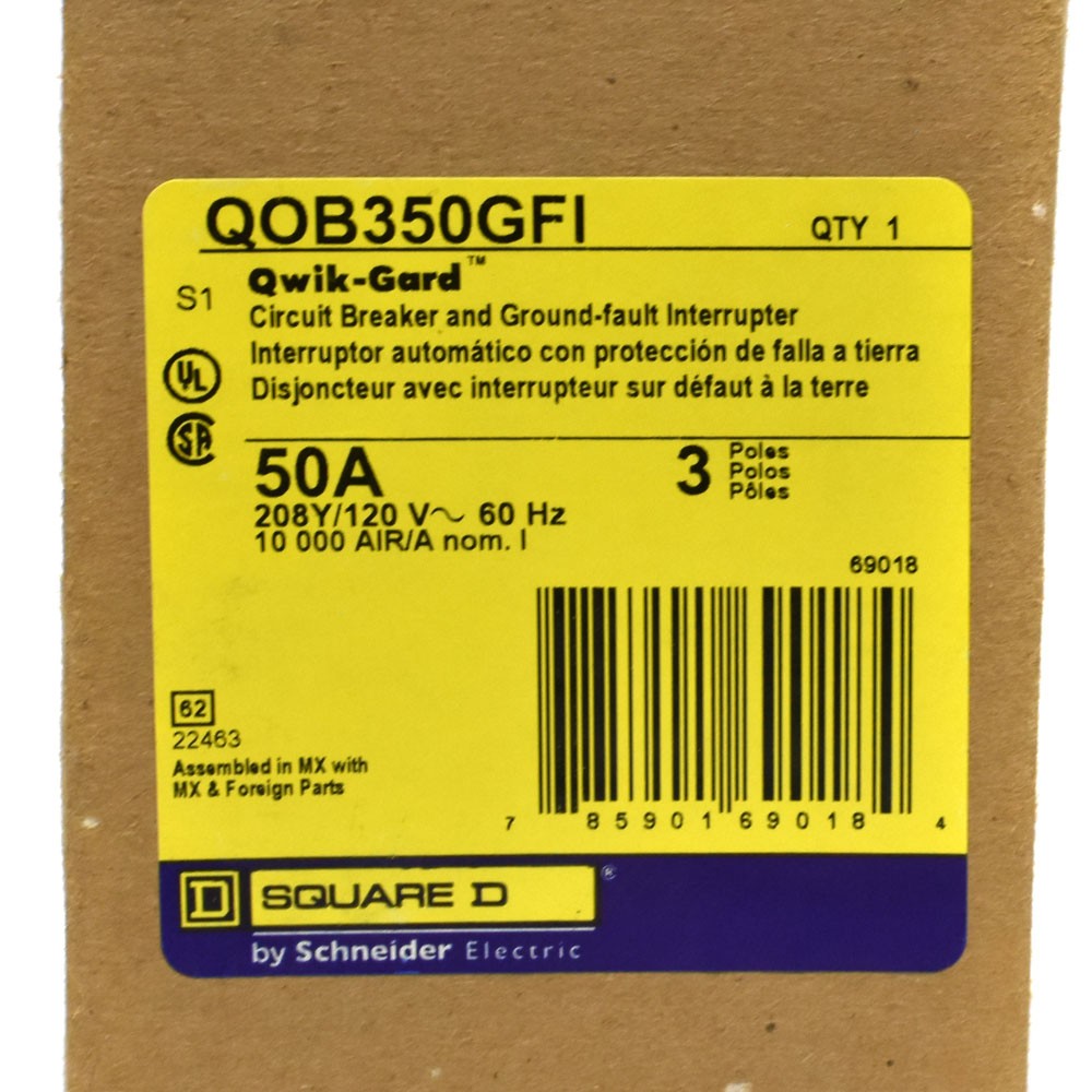 Square D QOB350GFI GFI Circuit Breaker QOB Series 3 Pole 50 Amp 208Y 120VAC 10kA