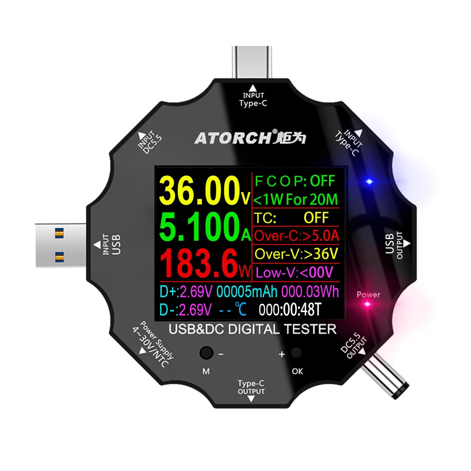 USB C Tester, 3 in 1 Type C DC5.5 USB Meter USB Load Color Screen IPS Digital