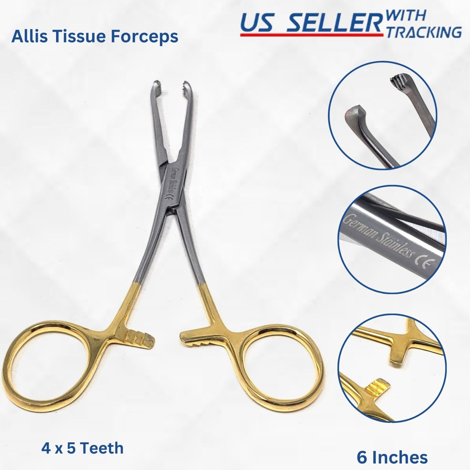 Allis Tissue Forceps 6″ 4X5 Teeth Stainless Surgical Instruments – Gold Handle