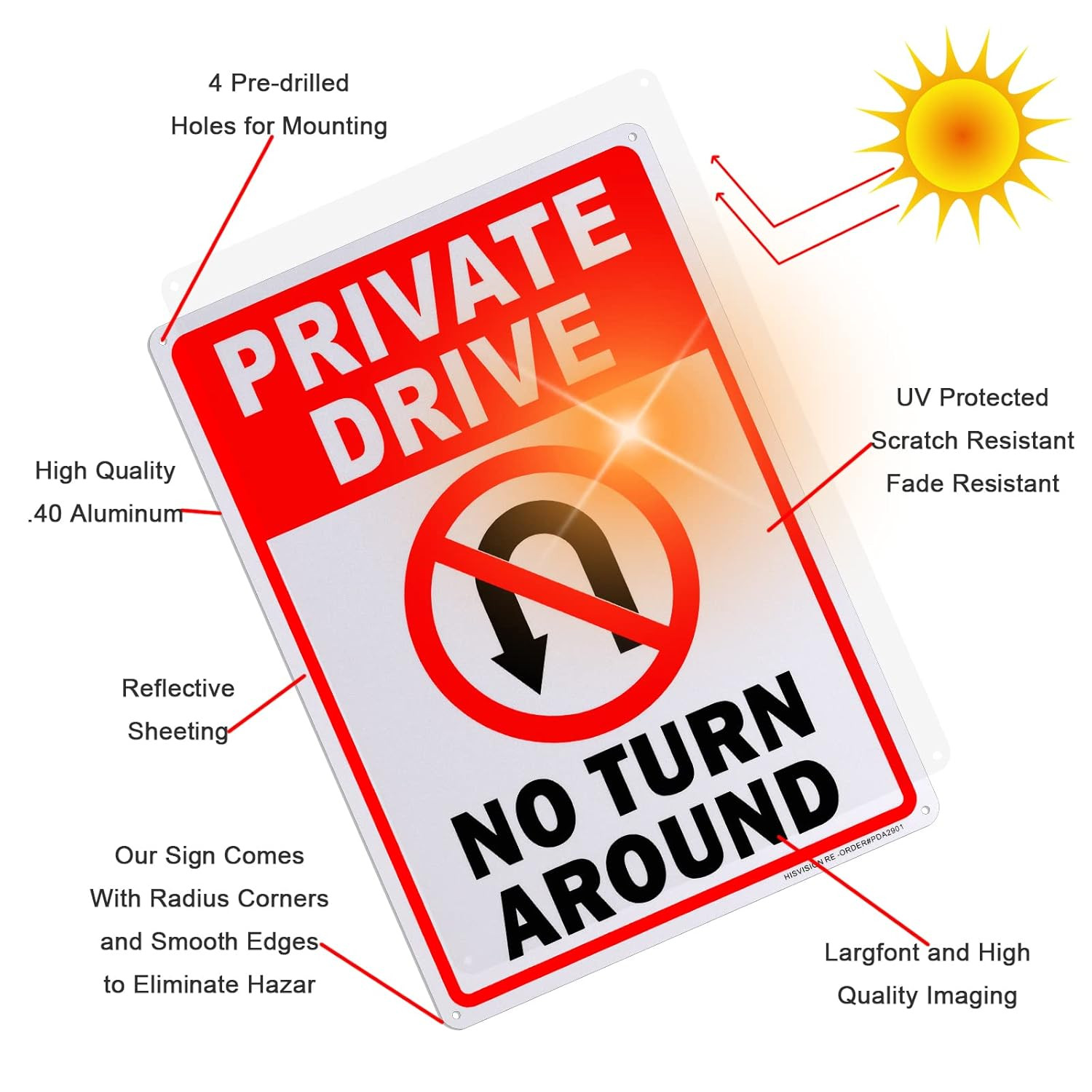 2 Pack Private Drive No Turn around Sign, 10″ X 14″ Driveway Signs No Turnaround
