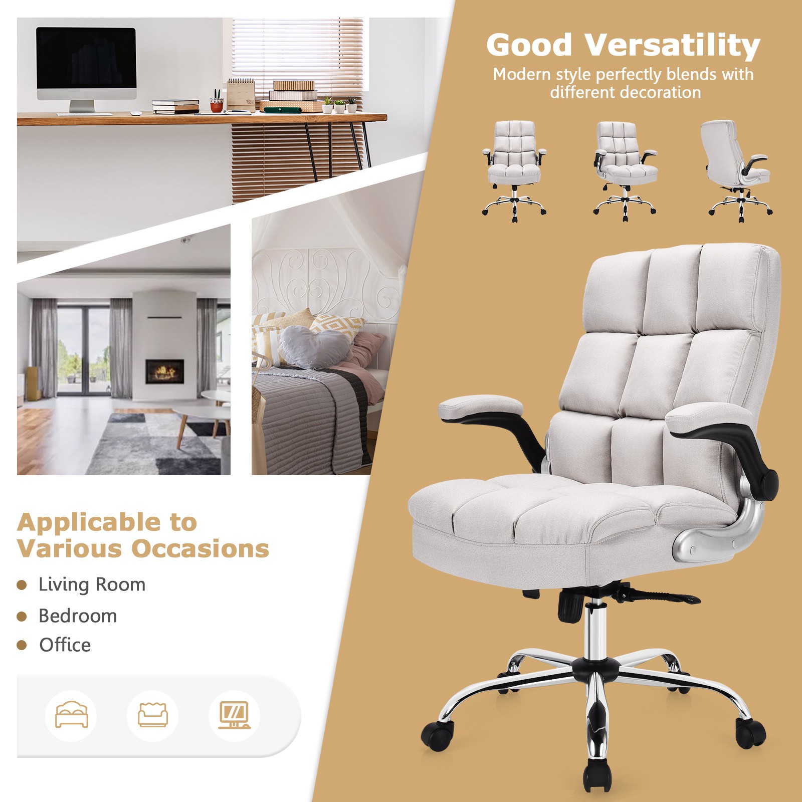 Costway High Back Big & Tall Office Chair Adjustable Swivel w/Flip-up Arm Beige