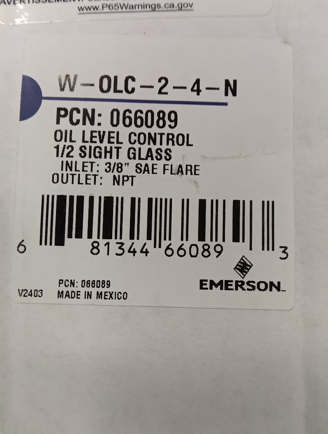 Emerson Alco Oil Level Regulator 1/2 SIGHT GLASS Valve 3/8″ Flare W-OLF-2-4 N