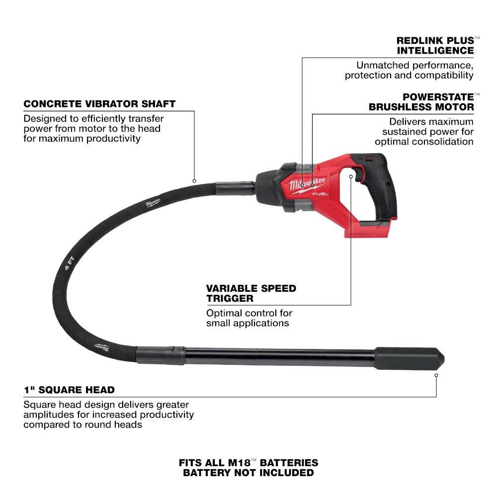 Milwaukee M18 Fuel 4′ Concrete Pencil Vibrator (Bare Tool)