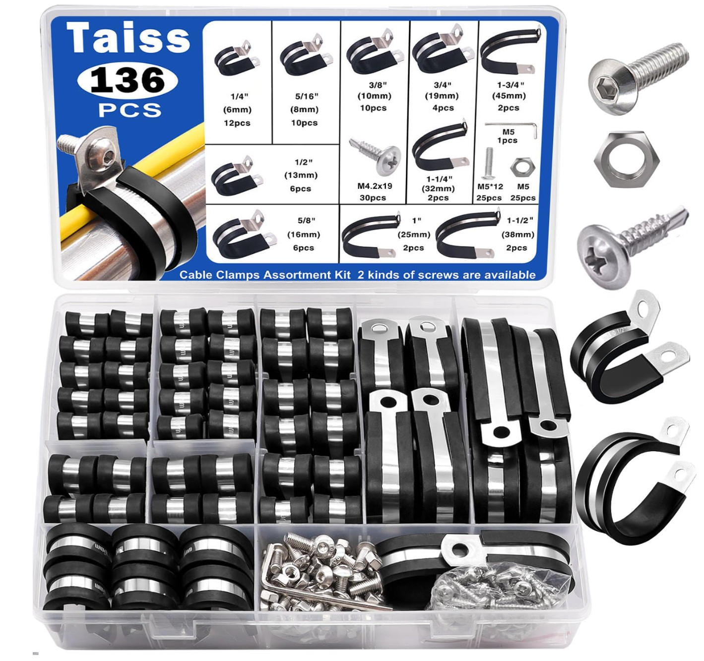 136PCS Cable Clamps Assortment Kit,10 Sizes 304 Stainless Steel Rubber Cushion
