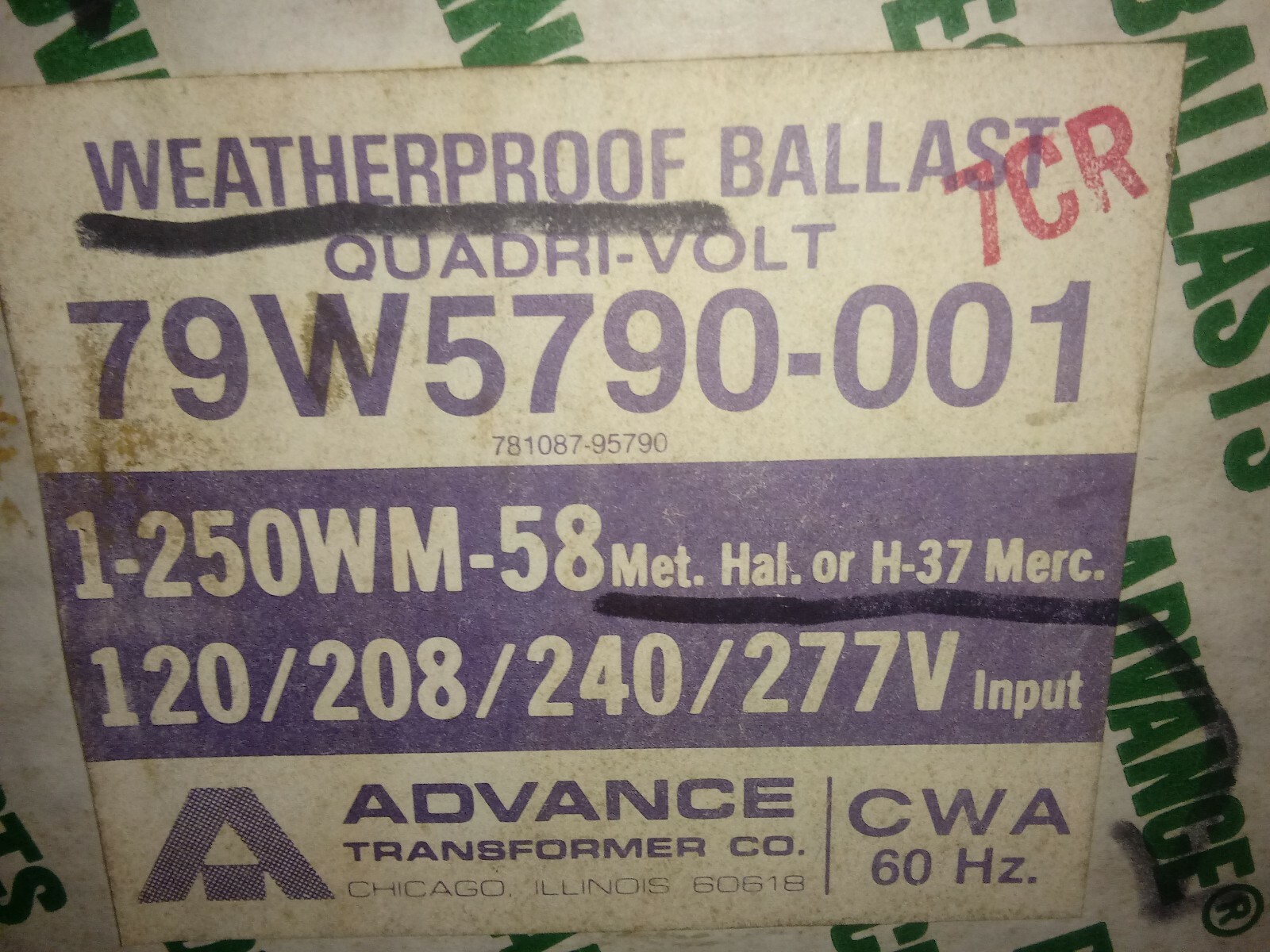 ADVANCE TRANSFORMER CO. 79W5790-001-N H.I.D. LAMP BALLAST CONSTANT WATTAGE AUTO