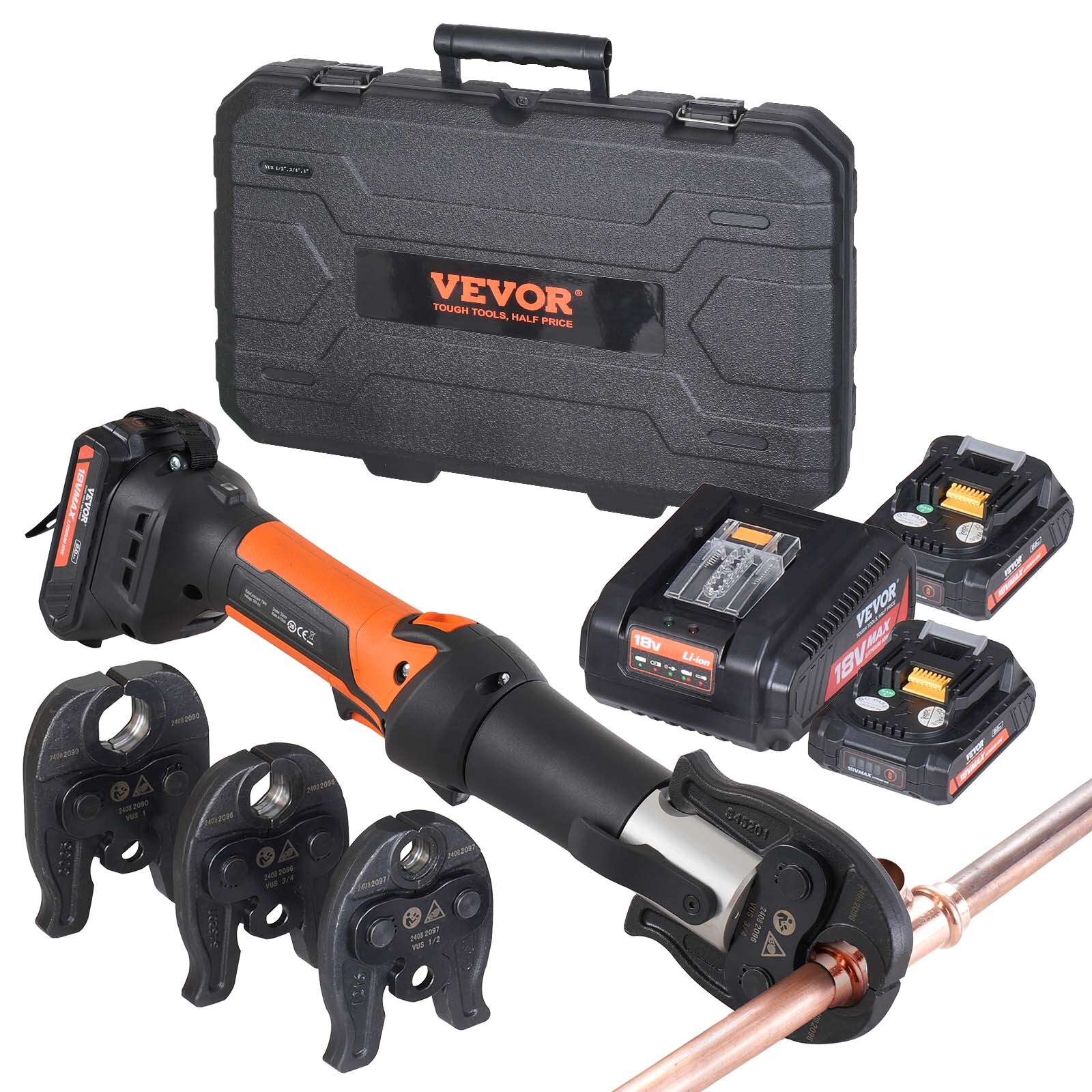 VEVOR Pro Press Tool Pipe Crimping Kit Press Tool Battery Kit 1/2″ 3/4″ 1″ Jaw