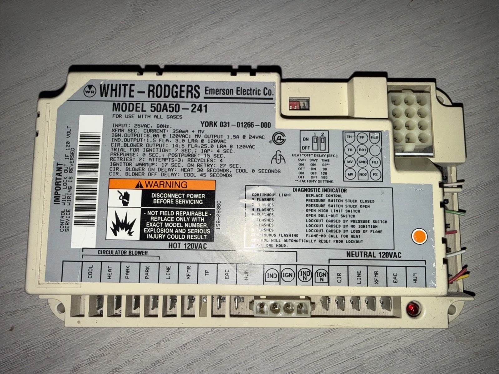 White Rodgers 50A50-241 Furnace Control Circuit Board YORK 031-01266-000