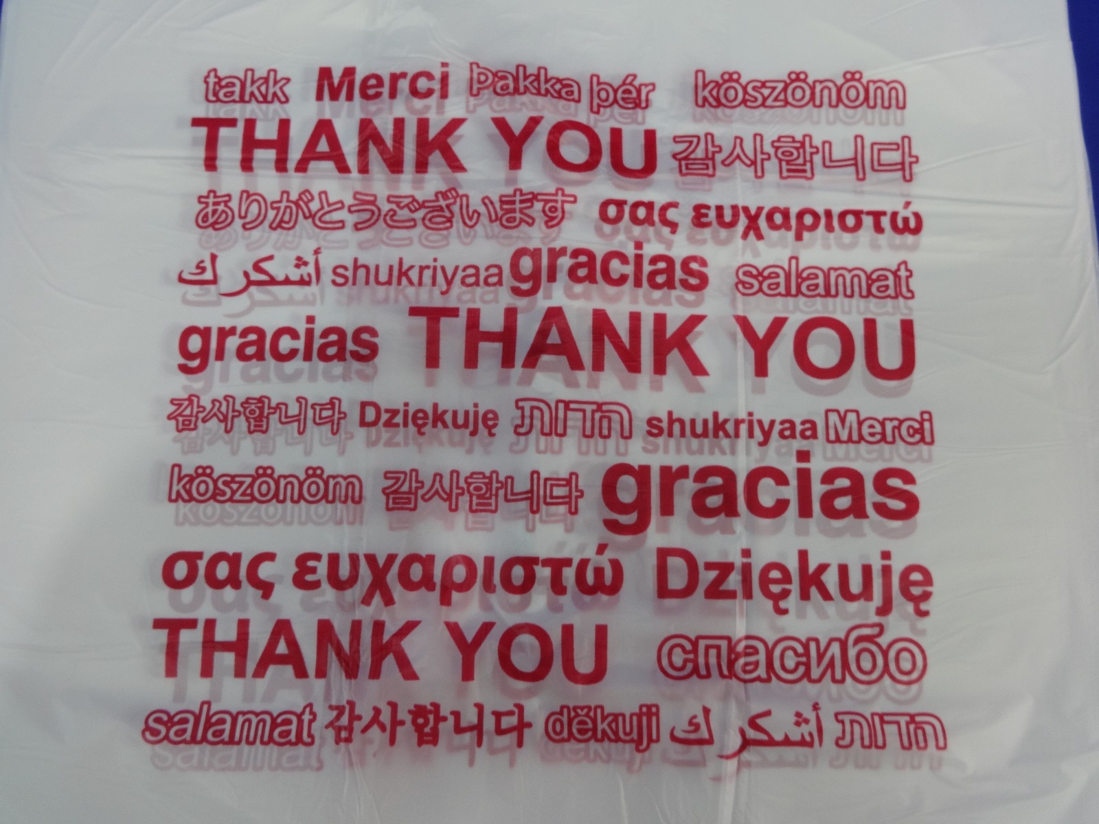 Multi Language THANK YOU T-Shirt Bags 11.5″ x 6″ x 20.5″ Plastic Retail Shopping