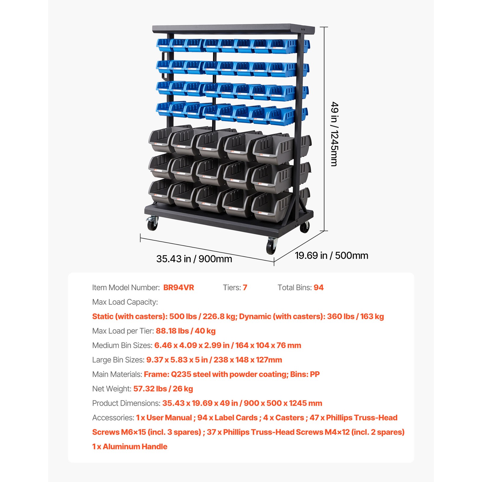 Uimoso Double-Sided Rolling Storage Rack with 7 Tiers and 94 Bins