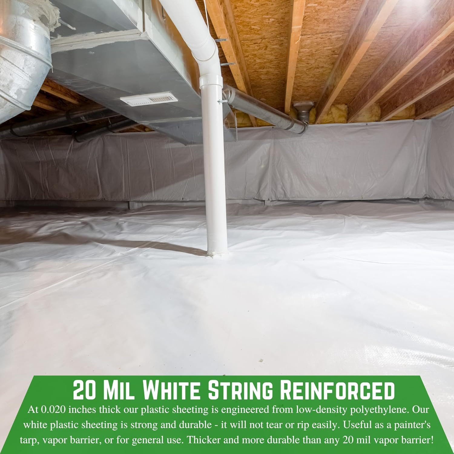 20 Mil Heavy Duty Crawl Space Vapor Barrier – 6’x100′ White Poly Film