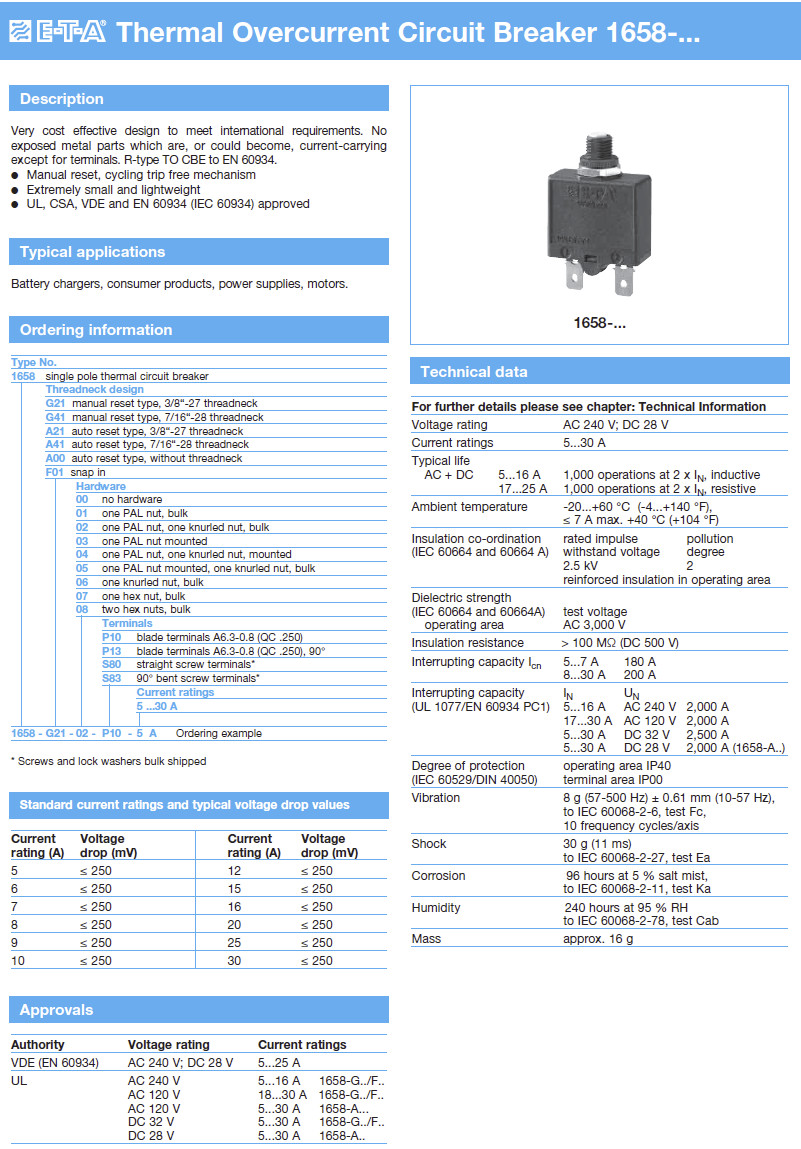 Circuit Breaker ETA 1658 12A DC AC Push Thermal Overcurrent P 13 terminals