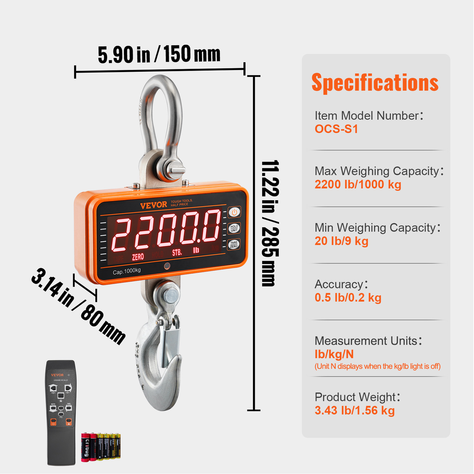 VEVOR Digital Crane Scale Industrial Hanging Scale 2200 lbs/1000 kg Heavy Duty
