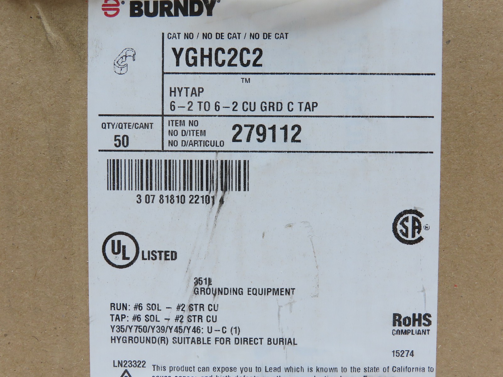 1 box of 50 NEW Burndy YGHC2C2 Hytap Grounding Compression C-Tap 6-2To6-2 CU GRD