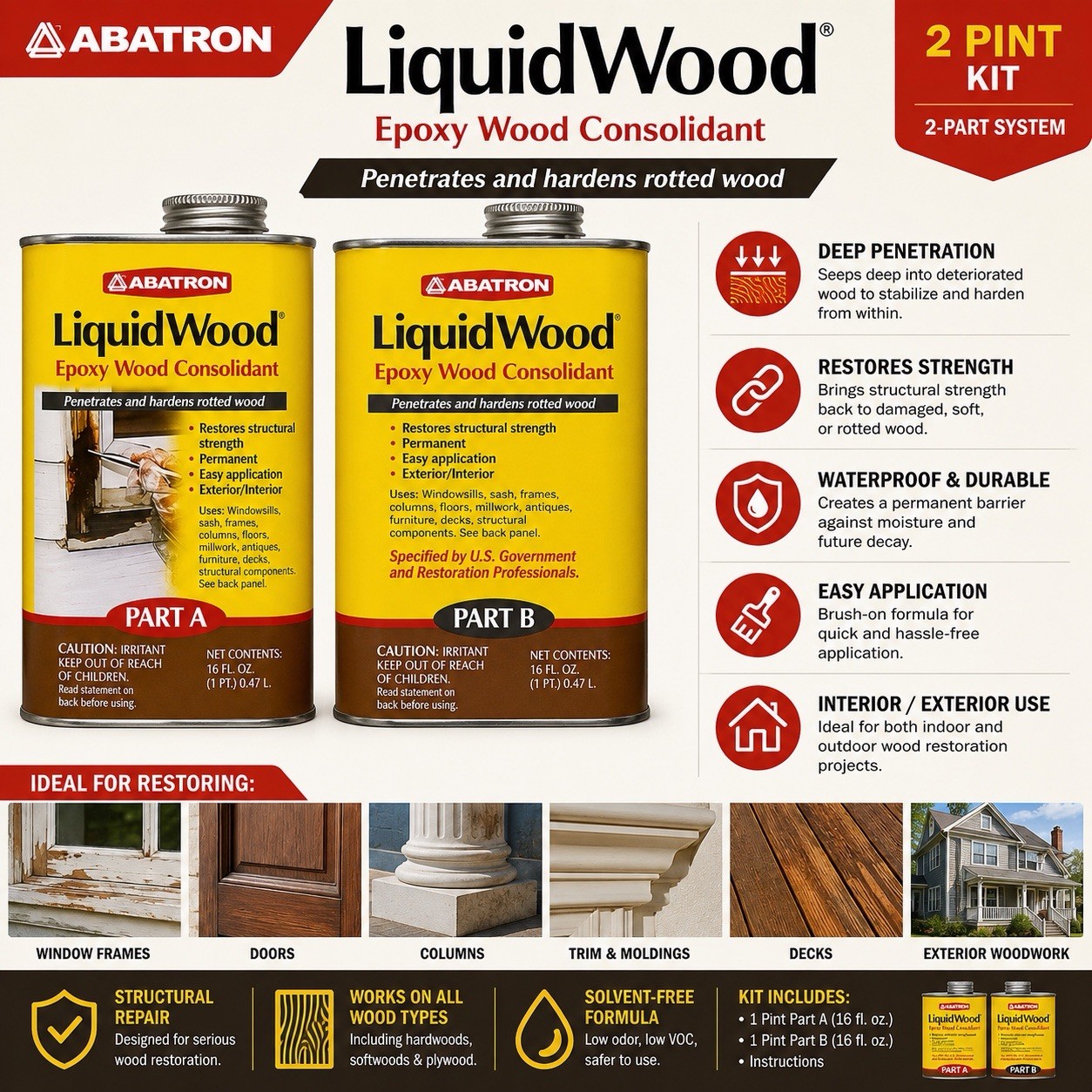 Abatron LiquidWood 2 Pint Kit Epoxy Wood Hardener Consolidant Part A & B
