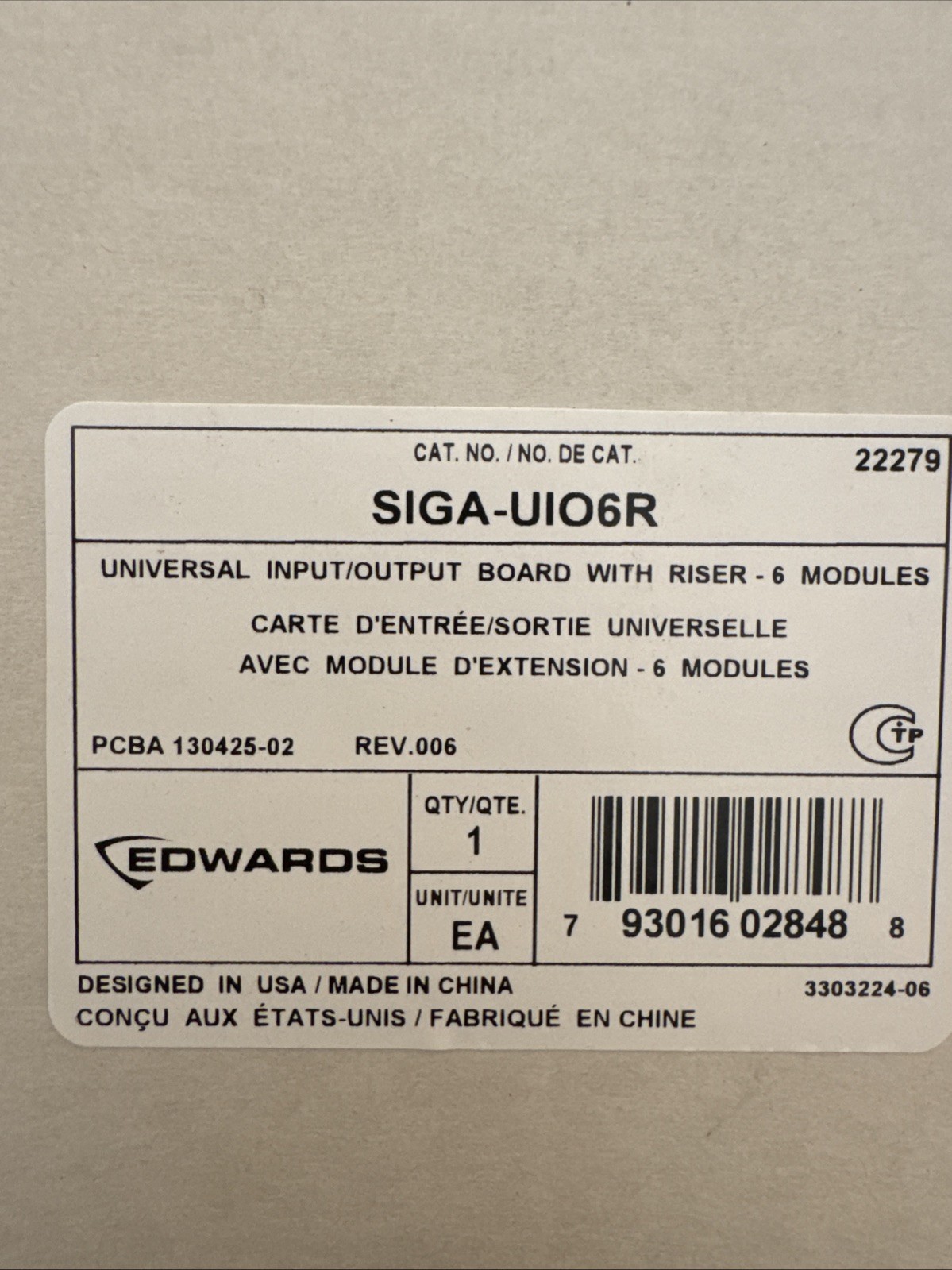 Edwards Universal Input-Output Module Motherboard (SIGA-UIO6R)