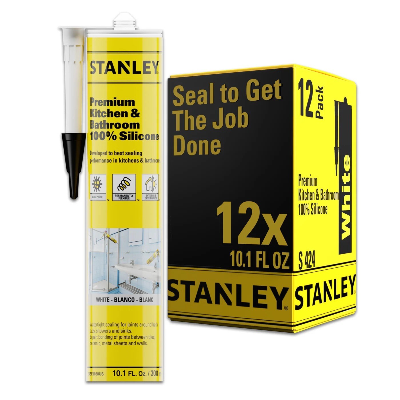 Stanley Premium Kitchen&Bathroom 100% Silicone White Neutral cure 10.1fl 12 Pack