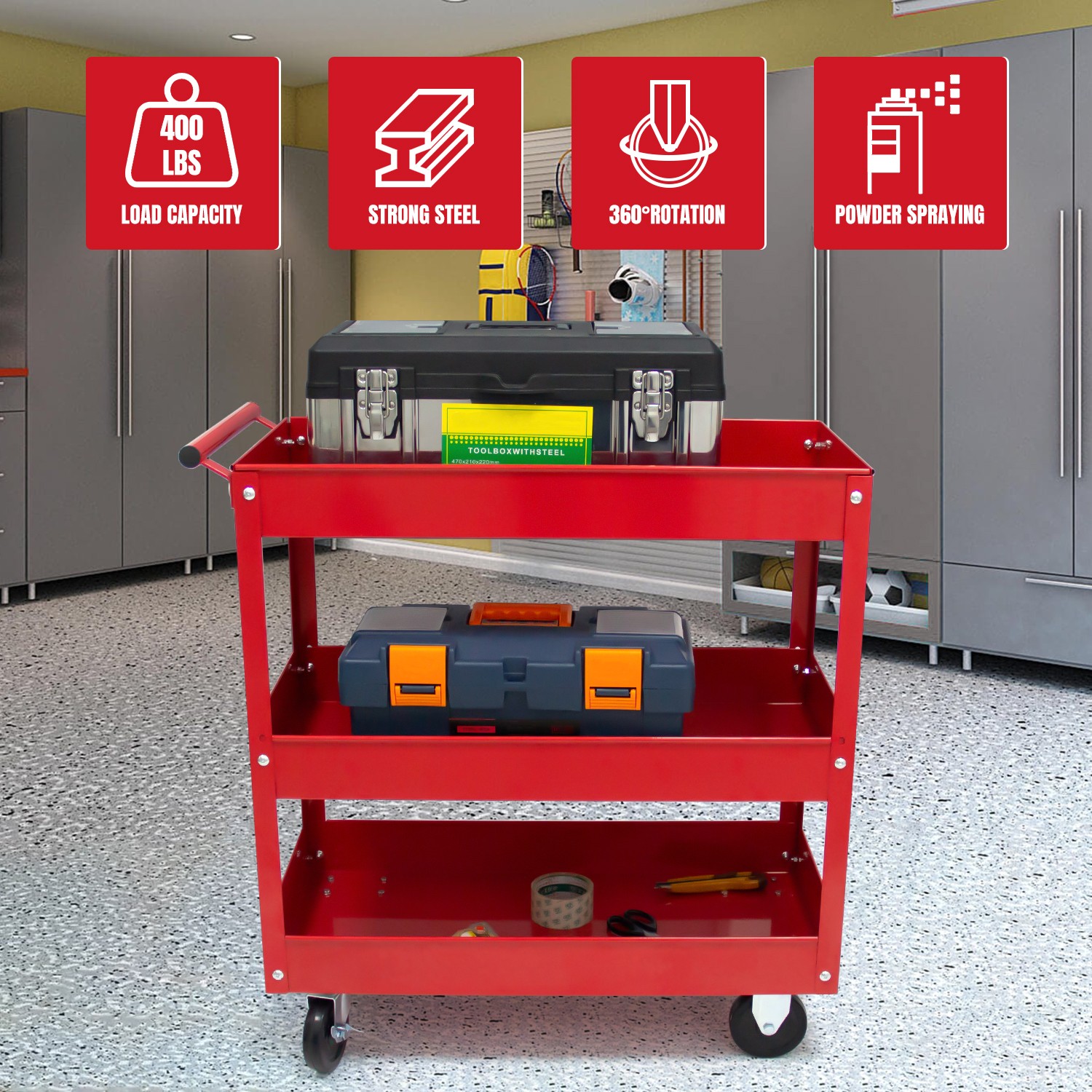 400LBS Steel 3-Shelf Rolling Multipurpose Service Tool Cart for Garage Home