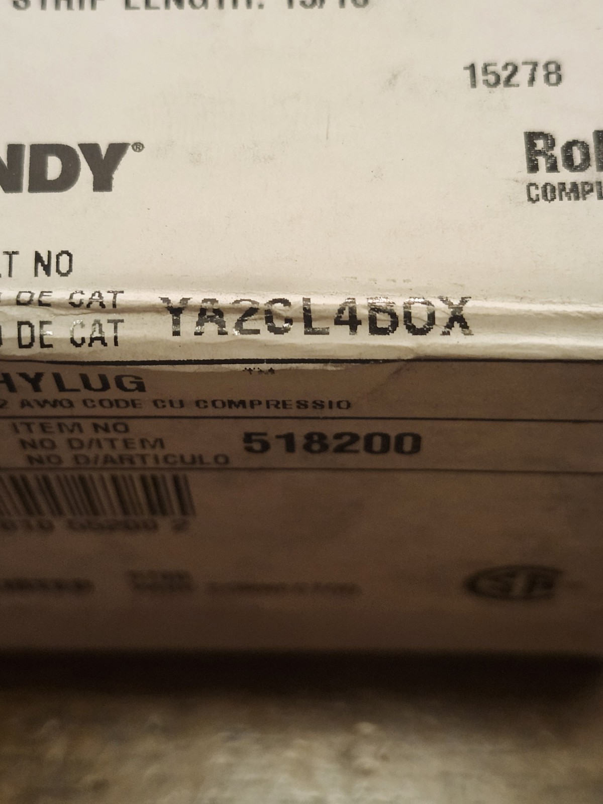 Burndy 518200 YA2CL4BOX Compression Terminal, 2 AWG CU, *Box of (25)* (New)