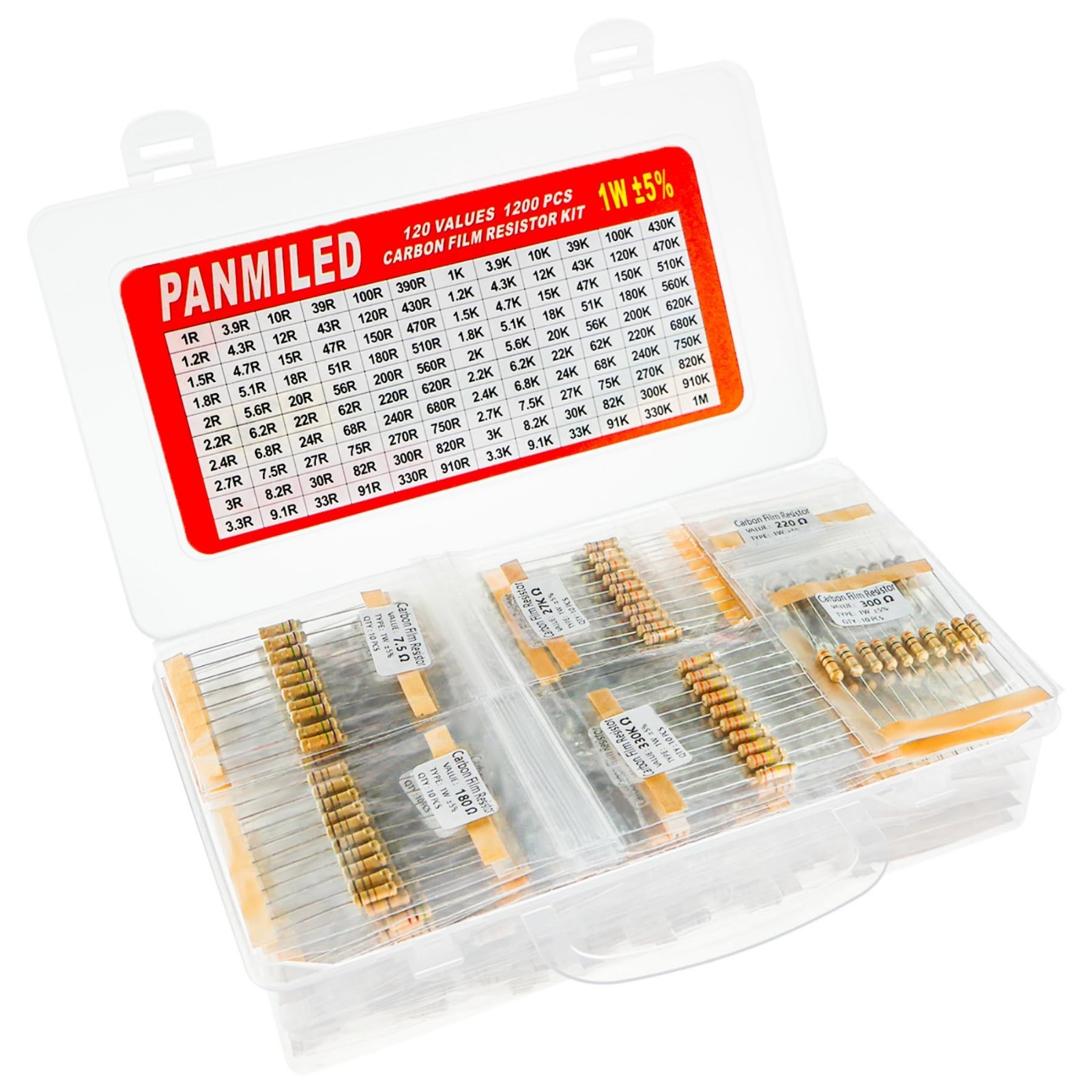 1200 Pieces Carbon Film Resistor Kit 1 Ohm to 1M Ohm 1W 5% Assortment Pack