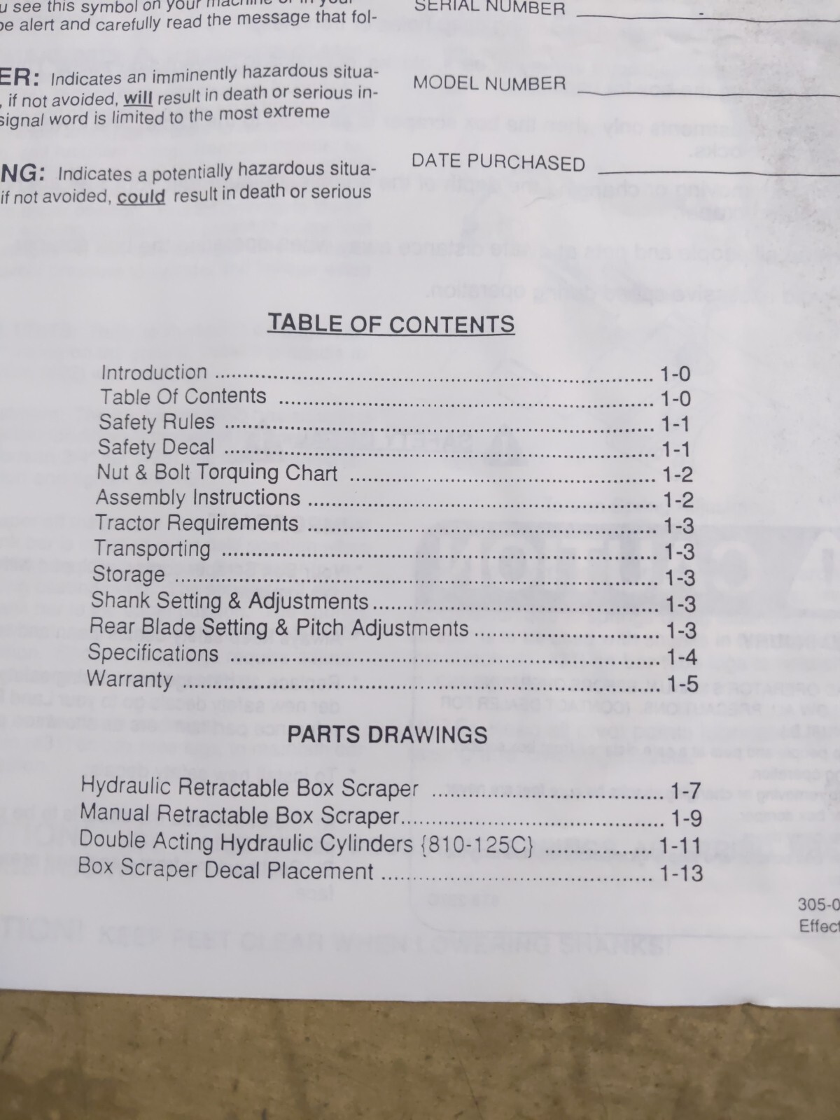 LandPride Retractable Box Scraper Owners Manual, 1993 Edition