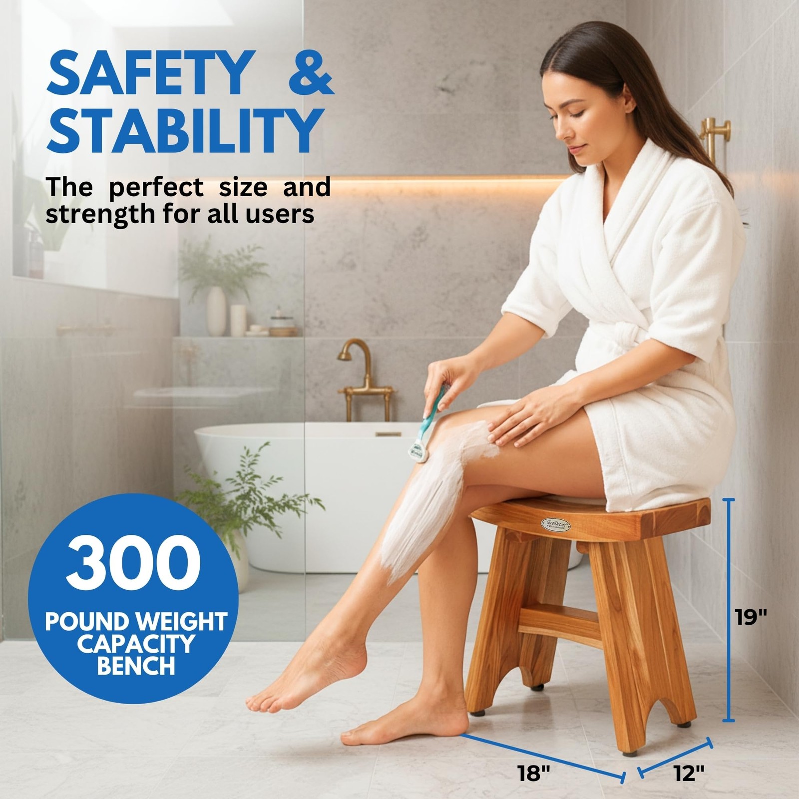 EcoDecors 18-Inch Teak Shower Stool 300 lb Capacity
