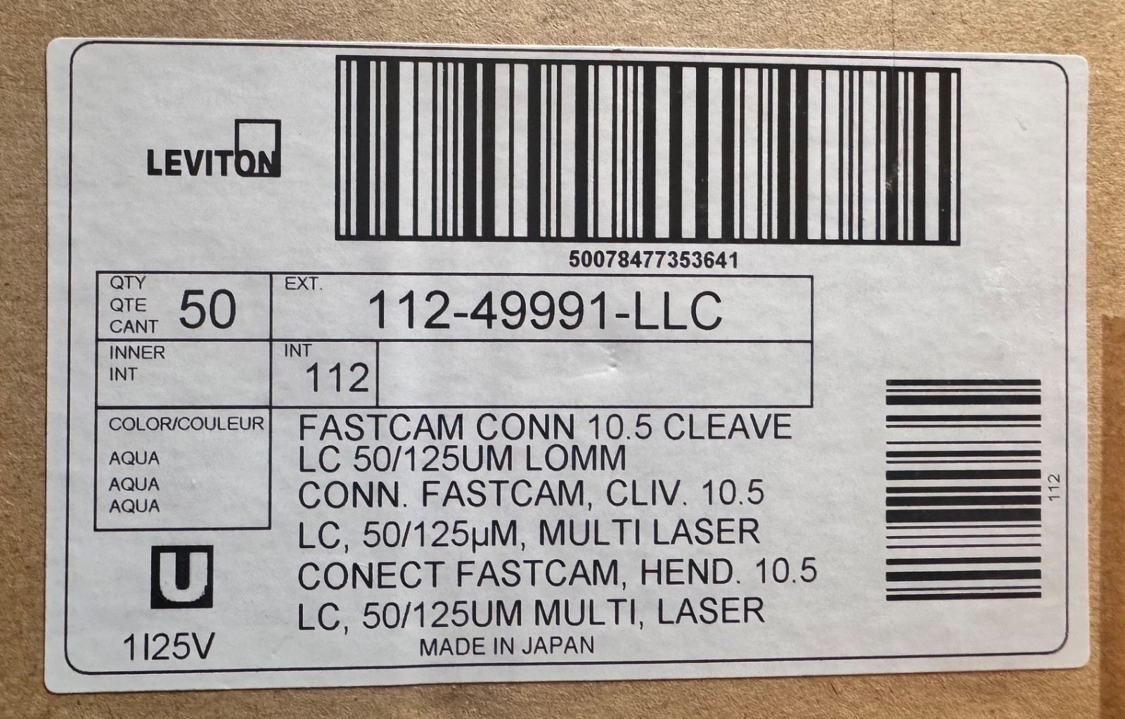 (BOX of 50) Leviton 49991-LLC FastCAM Pre-polished Fiber Optic Connector LC OM3