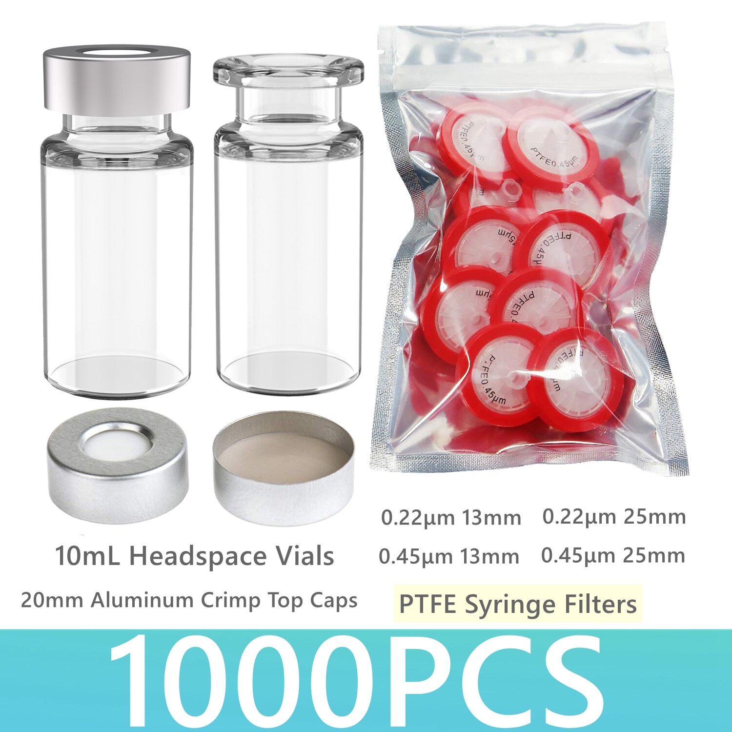 1000x 10mL Headspace Vials Crimp Cap+0.22μm/0.45μm 13mm/25mm PTFE Syringe Filter