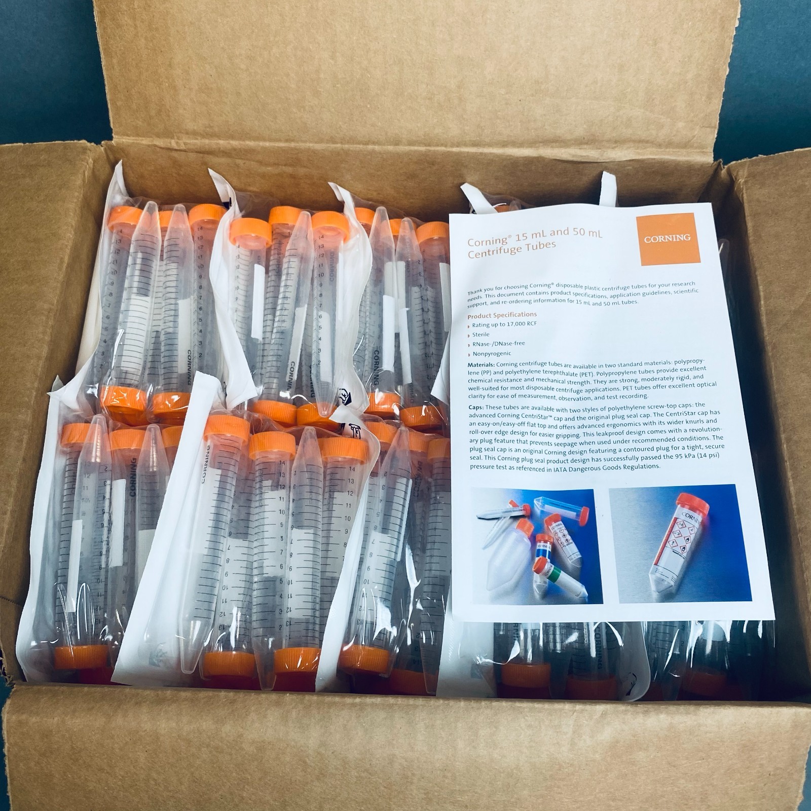 Corning Centrifuge Tube 15 ml Plug Seal Cap Polypropylene Case of 500 Tubes